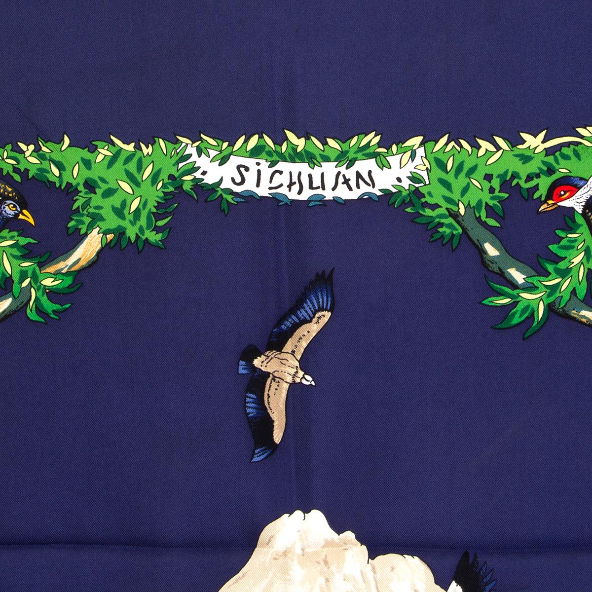 Hermes 'Sichuan 90' scarf by Robert Dallet in dark blue silk twill (100%) with multicolor details. Has been worn and is in excellent condition.

Width 90cm (35.1in)
Height 90cm (35.1in)
