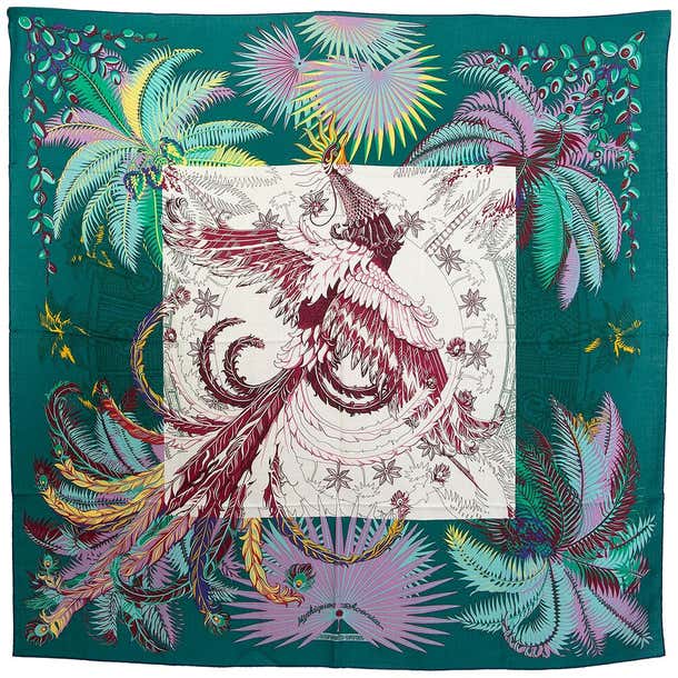 auth HERMES green MYTHIQUES PHOENIX 140 cashmere silk Shawl Scarf at ...