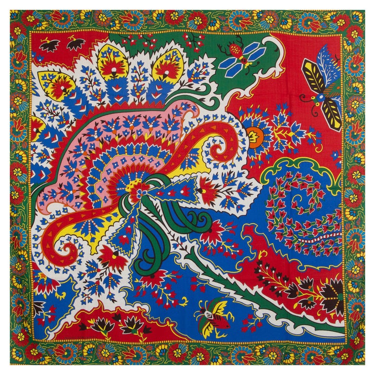 auth HERMES green red PAISLEY FROM PAISLEY 140 cashmere silk Shawl ...