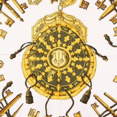 auth HERMES green white LES CLES 90 silk twill Scarf