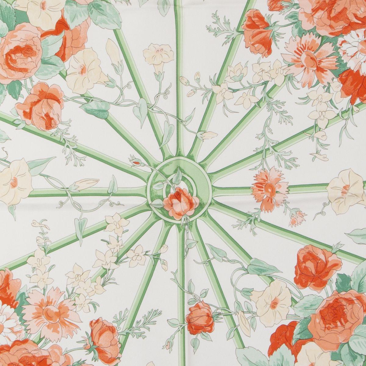 Hermes 'Romantique 90' scarf by Maurice Tranchant in white silk twill (100%) with mint green border and details in red. Has been worn and is in excellent condition.

Width 90cm (35.1in)
Height 90cm (35.1in)
