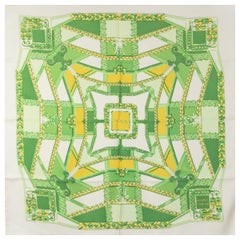 auth HERMES green white SCALA 90 silk twill Scarf