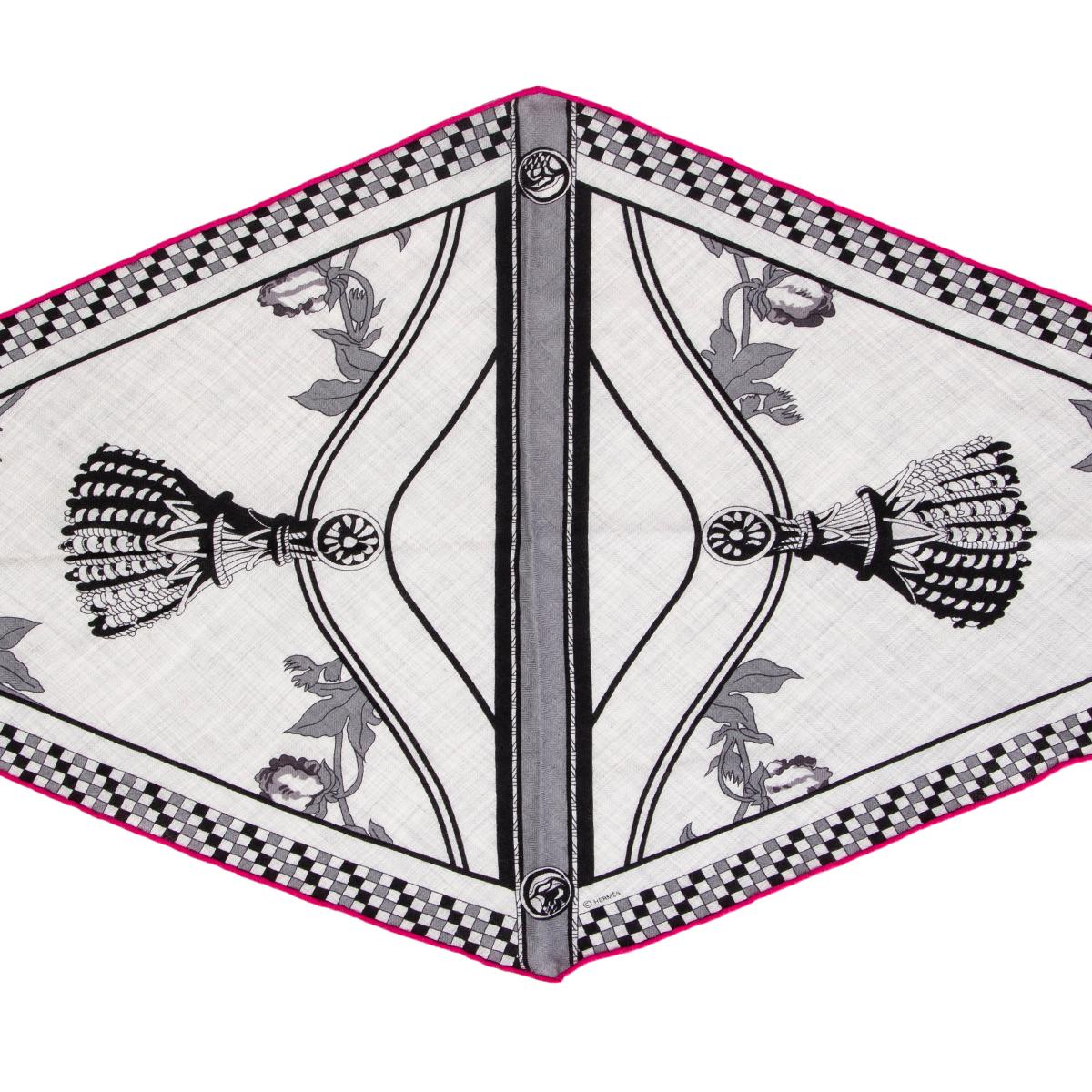 Hermes 'Harnais Francais Remix Losange Medium' scarf in grey cashmere (70%) and silk (30%) with contrasting fuchsia hem and details in black and grey. Brand new.

Width 48cm (18.7in)
Length 114cm (44.5in)