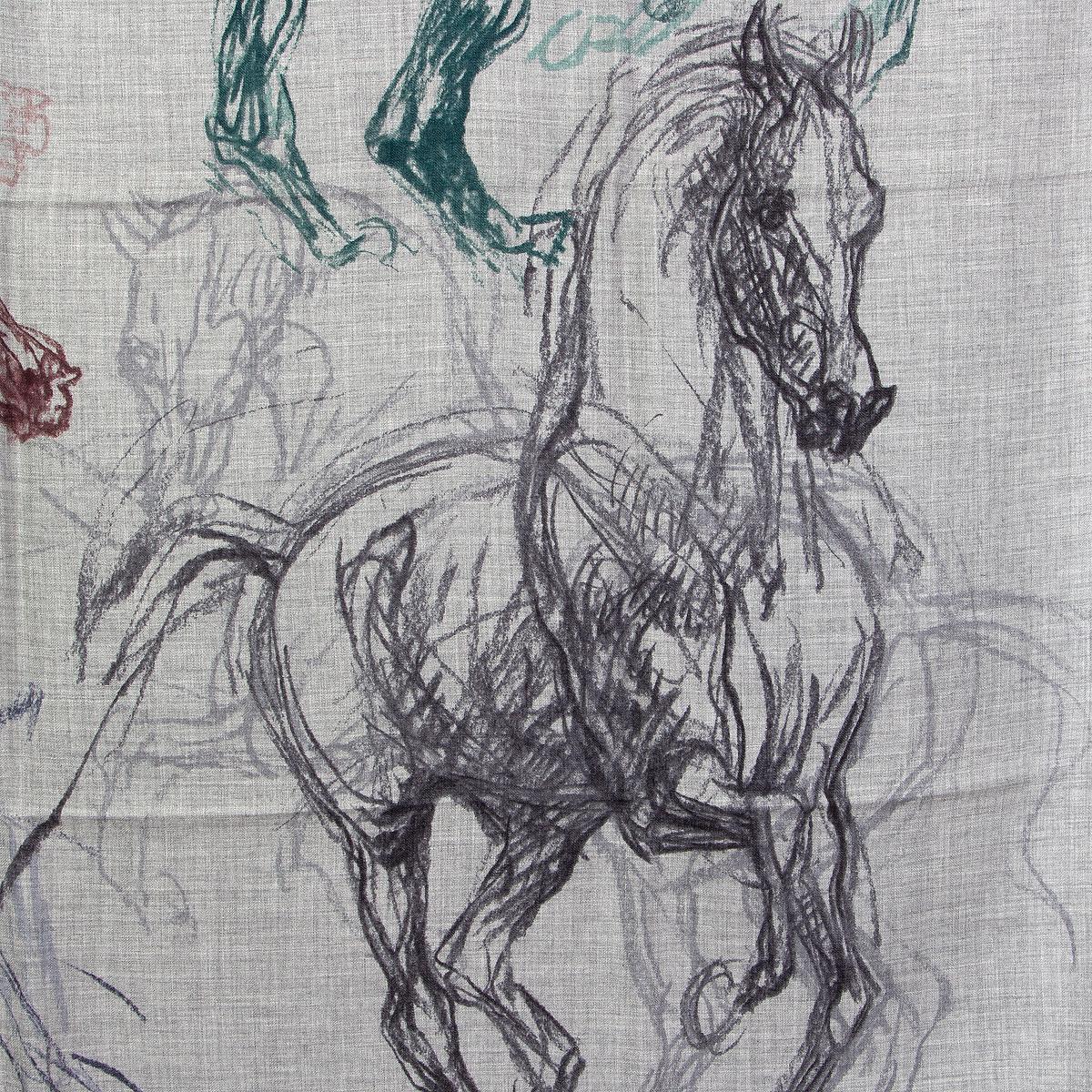 100% authentic Hermes 'Pirouette au Galop 140' shawl by Jean-Louis Sauvat in grey cashmere (70%) and silk (30%) with contrast dark green hem and details in dark green and anthracite. Brand new.

Width 140cm (54.6in)
Height 140cm (54.6in)