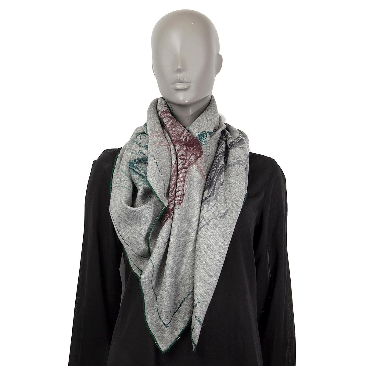 Women's or Men's auth HERMES grey PIROUETTE AU GALOP 140 cashmere silk Shawl Scarf