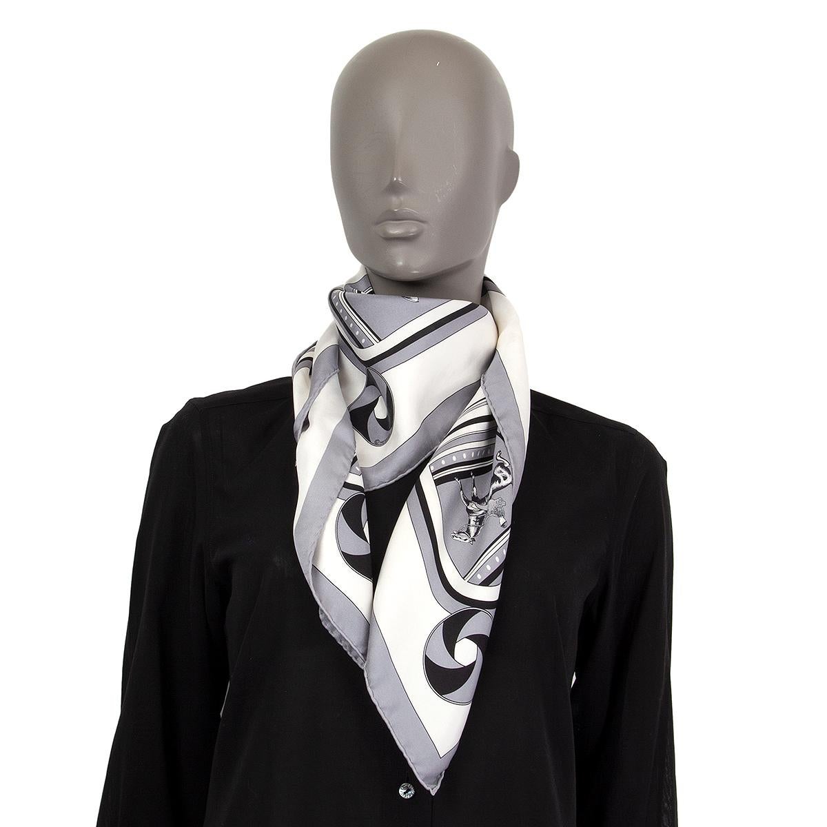 Women's or Men's auth HERMES grey white SEQUENCES 90 silk twill Scarf