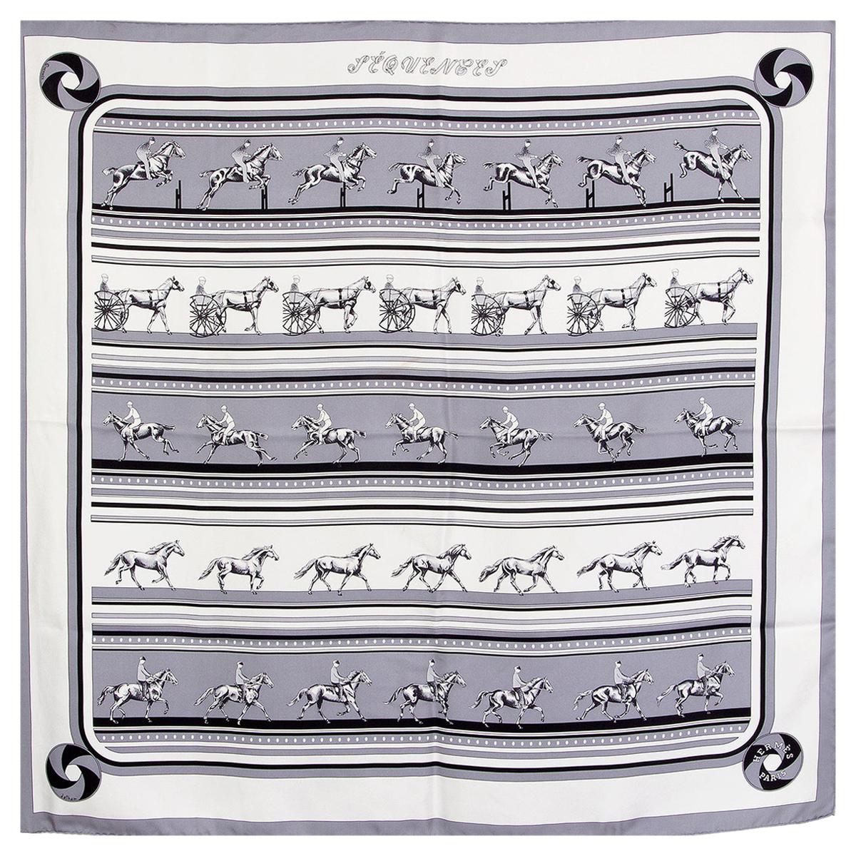 auth HERMES grey white SEQUENCES 90 silk twill Scarf