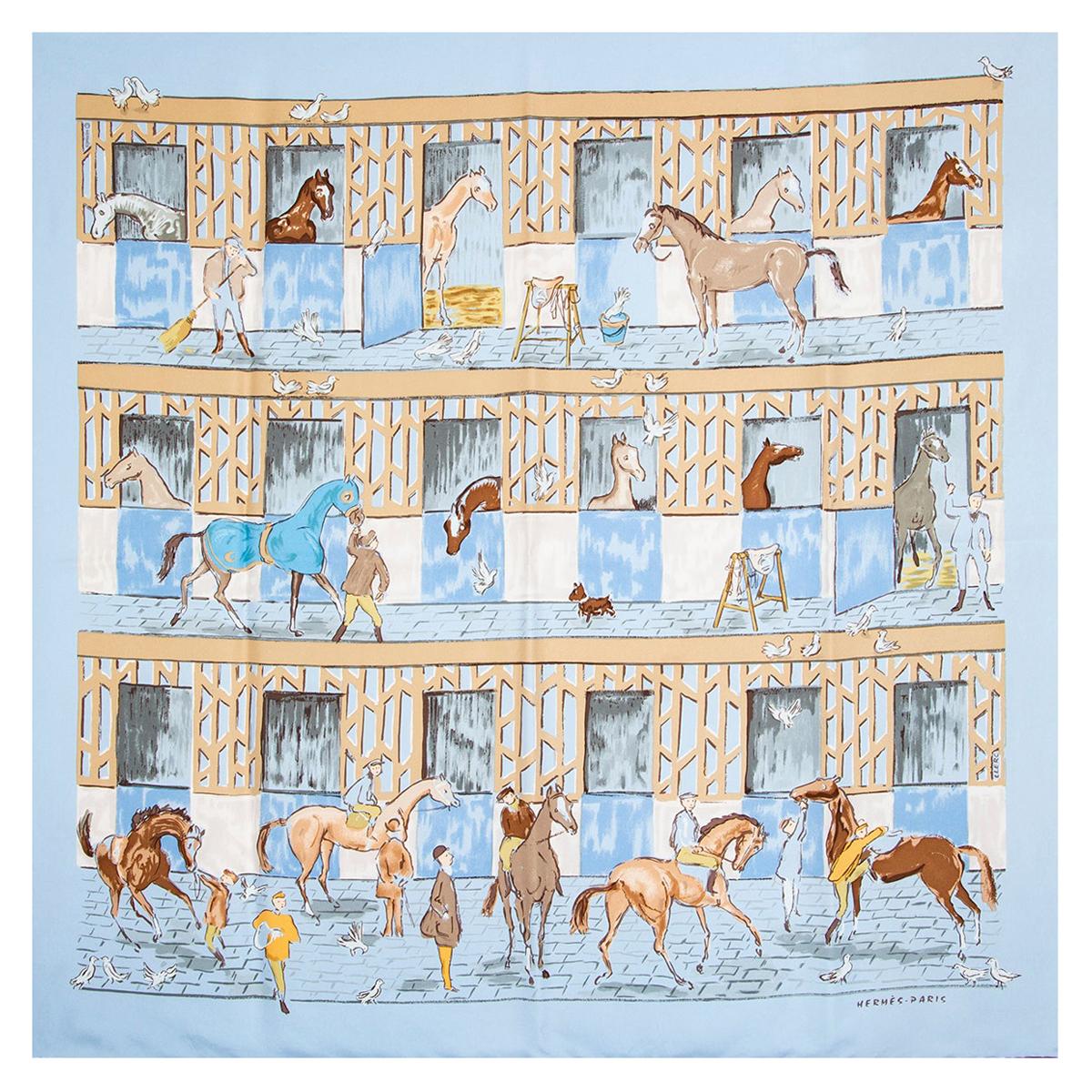 auth HERMES light blue LES BOXES 90 silk Scarf