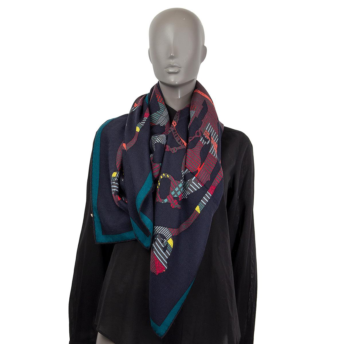 Black auth HERMES midnight blue CAVALCADOUR 140 cashmere silk Shawl Scarf