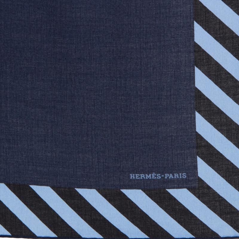 Hermes 'Encadre Palanque' shawl in navy blue cashmere (70%) and silk (30%) with details in off-white, black, green and light blue. Brand new.

Width 140cm (55in)
Height 140cm (55in)