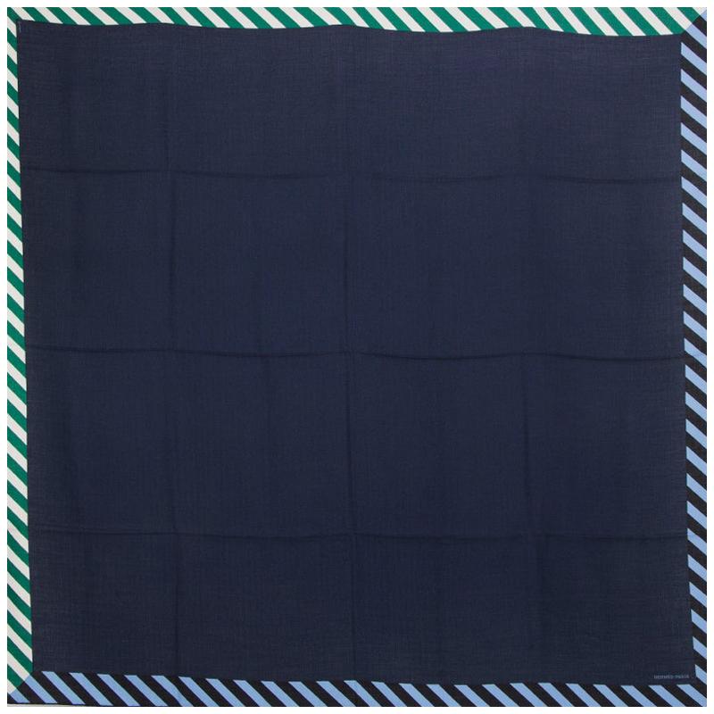 auth HERMES navy blue PALANQUE 140 cashmere silk Shawl Scarf