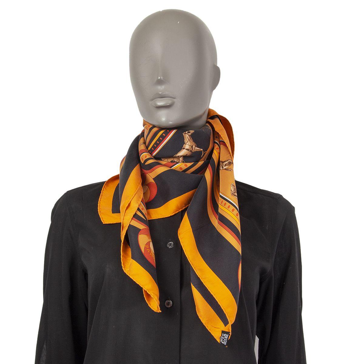 Women's or Men's auth HERMES orange black SEQUENCES 90 silk twill Scarf