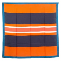 auth HERMES orange blue ENCADRE CLUB 140 cashmere silk Shawl Scarf