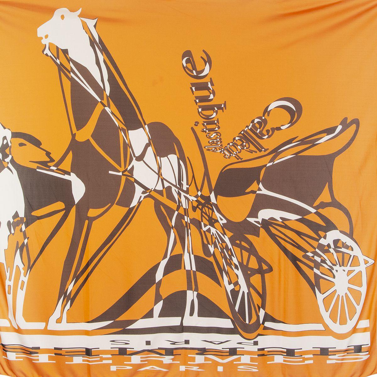 Hermes 'Caleche Elastique 90' scarf by Bali Barret in orange silk jersey (100%) with contrasting white hem details in brown and white. Has been worn and is in excellent condition.

Width 90cm (35.1in)
Height 90cm (35.1in)
