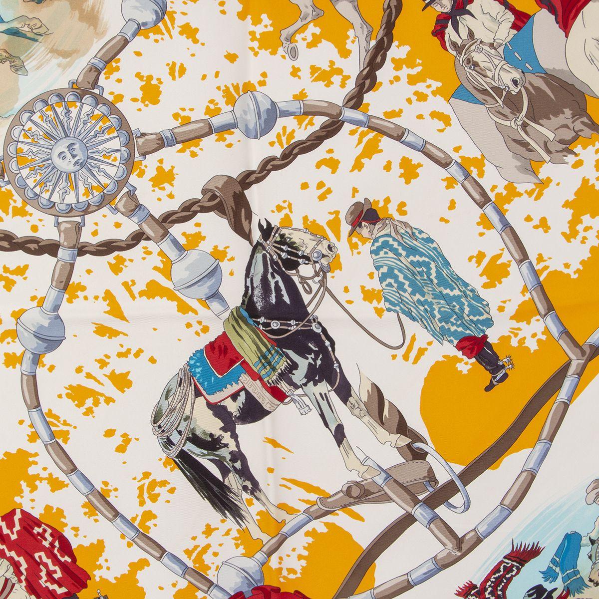 Hermes 'Dans les Branches de l'Ombu 90' scarf by Hubert de Watrigant in orange silk twill (100%) with details in red, blue, white and taupe. Has been worn and is in excellent condition.

Width 90cm (35.1in)
Height 90cm (35.1in)
