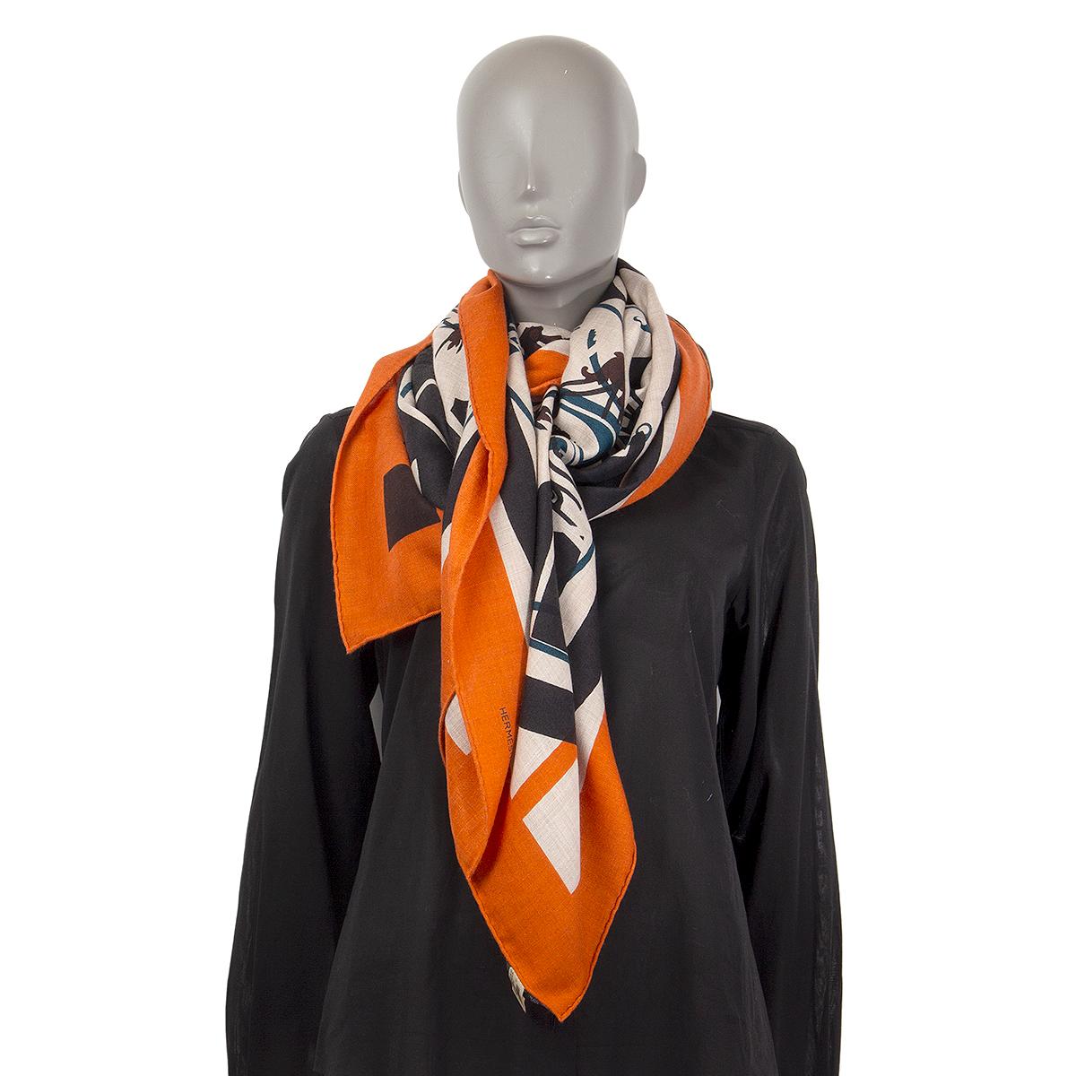 auth HERMES orange IMPRIMEUR FOU WASHINGTON'S CARRIAGE 140 cashmere Shawl Scarf In New Condition In Zürich, CH