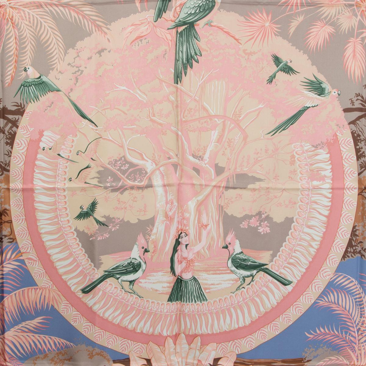 Hermès 'Aloha 140' scarf by Laurence Bourthoumieux in baby pink silk twill (100%) and details in nude, pale rose, pale light blue, light brown, mustard, taupe, black, off-white, pale blue and brown. Has been worn and is in excellent condition.