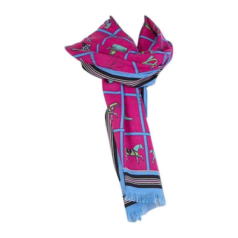 auth HERMES pink & blue cashmere & silk HORSE Oblong Shawl Scarf