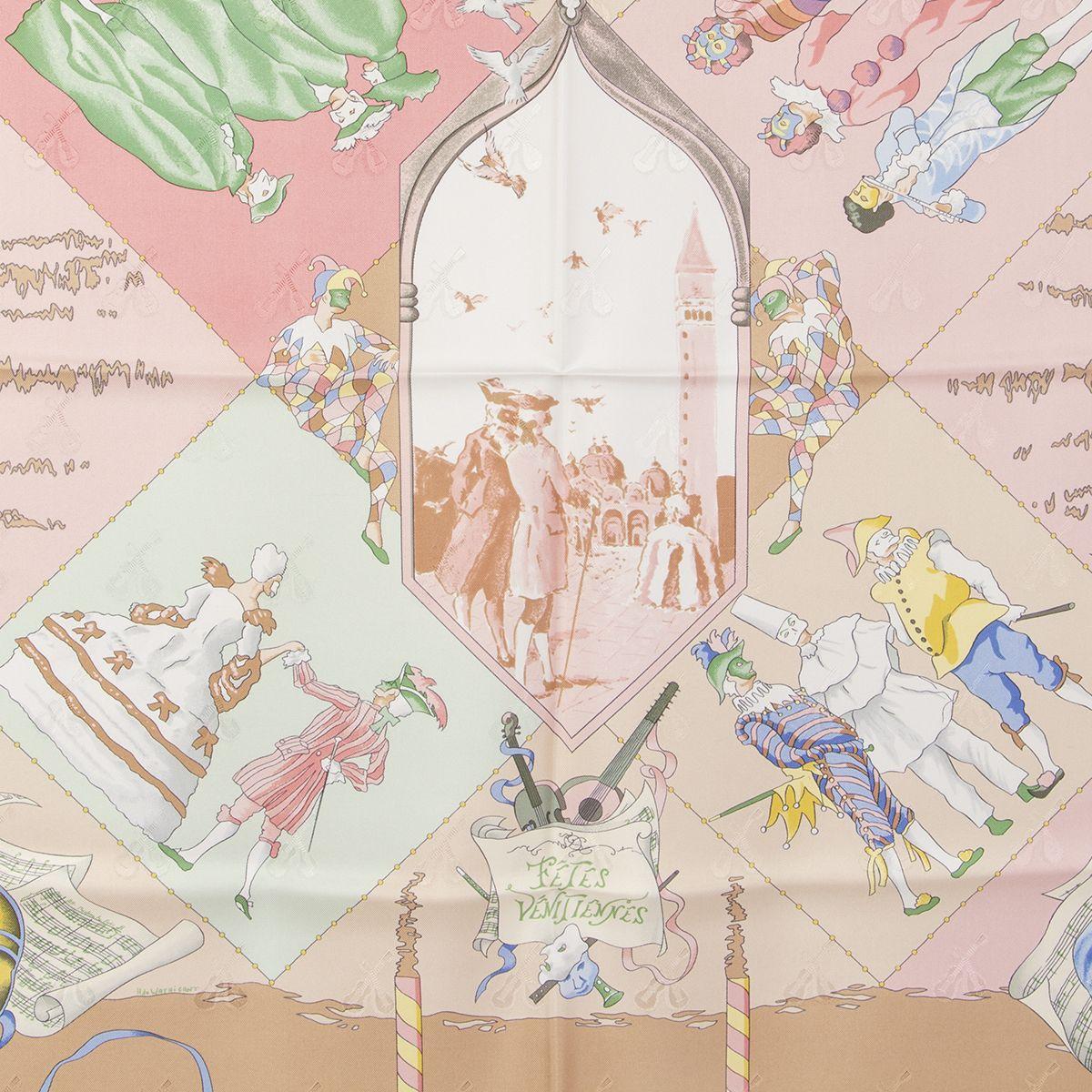 Hermes 'Fetes Venetiennes 90' Scarf by Hubert de Watrigant in beige silk twill (100%) with pink border and details in green, blue and yellow. Has been worn and is in excellent condition.

Width 90cm (35.1in)
Height 90cm (35.1in)
