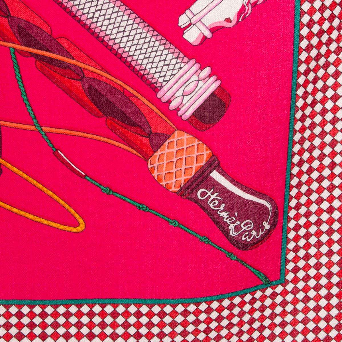 auth HERMES pink FOUETS ET BADINES 140 cashmere silk Shawl Scarf In Excellent Condition In Zürich, CH