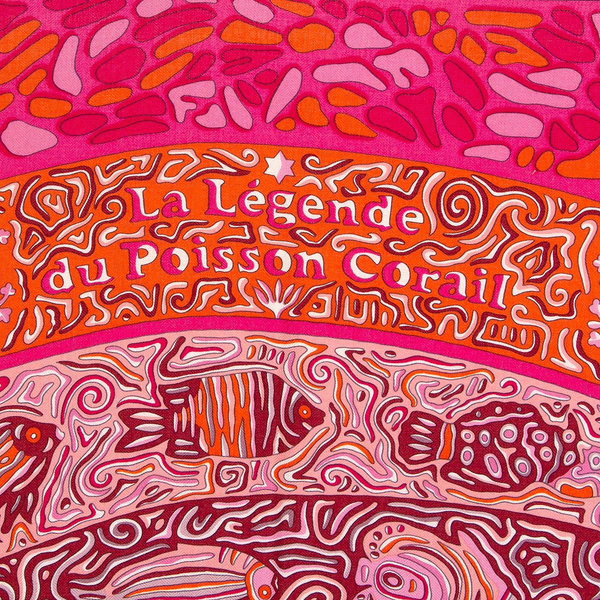 Hermes 'La Legende du Poisson Corail 140' shawl by Christine Henry in pink cashmere (65%) and silk (35) with burgundy border and details in orange, white and various shades of pink. Has been worn with one small hole - see photos. Overall in