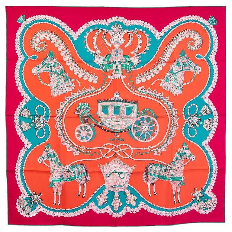 auth HERMES pink orange PAPEROLES 90 silk twill Scarf at 1stDibs