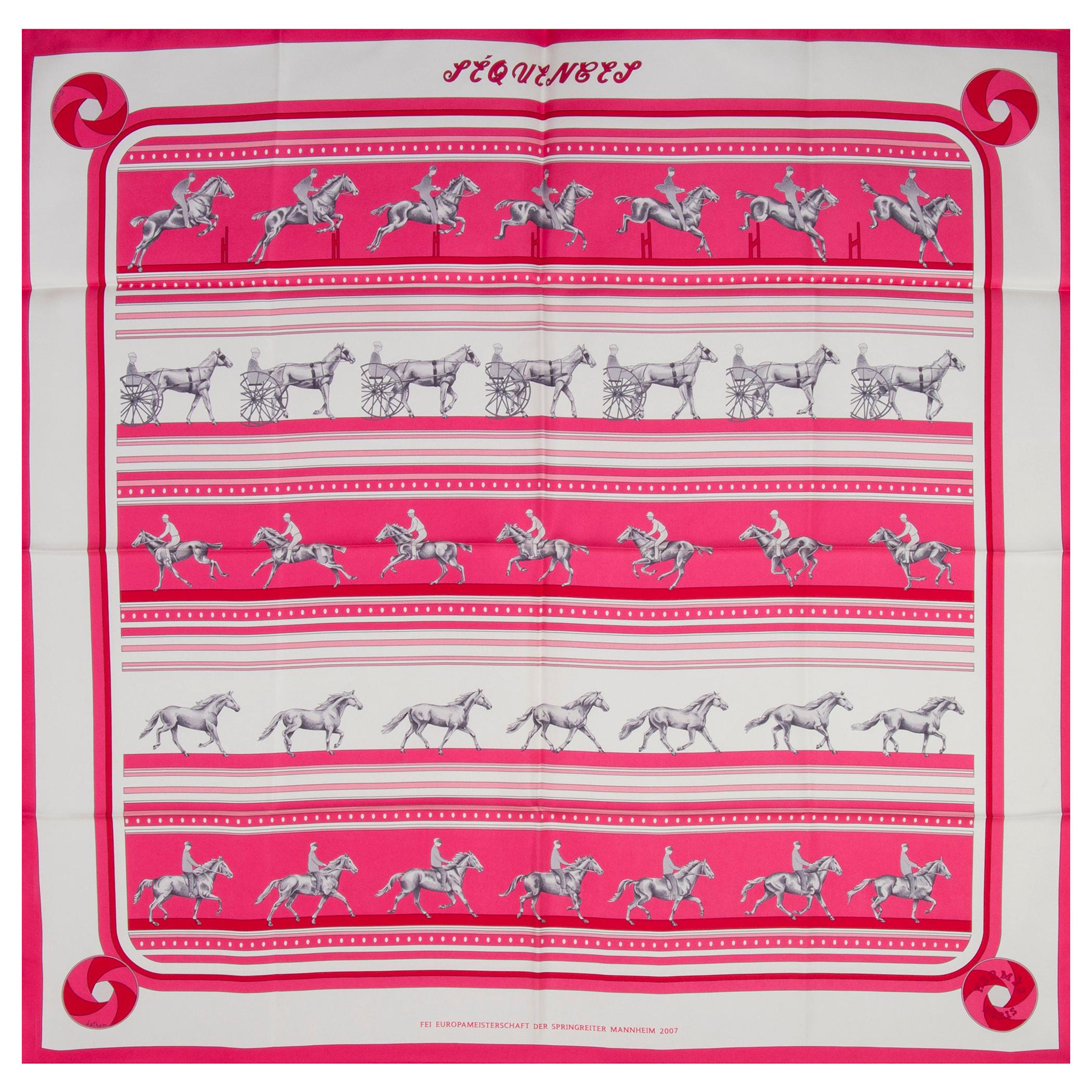 auth HERMES pink white SEQUENCES 90 silk twill Scarf For Sale