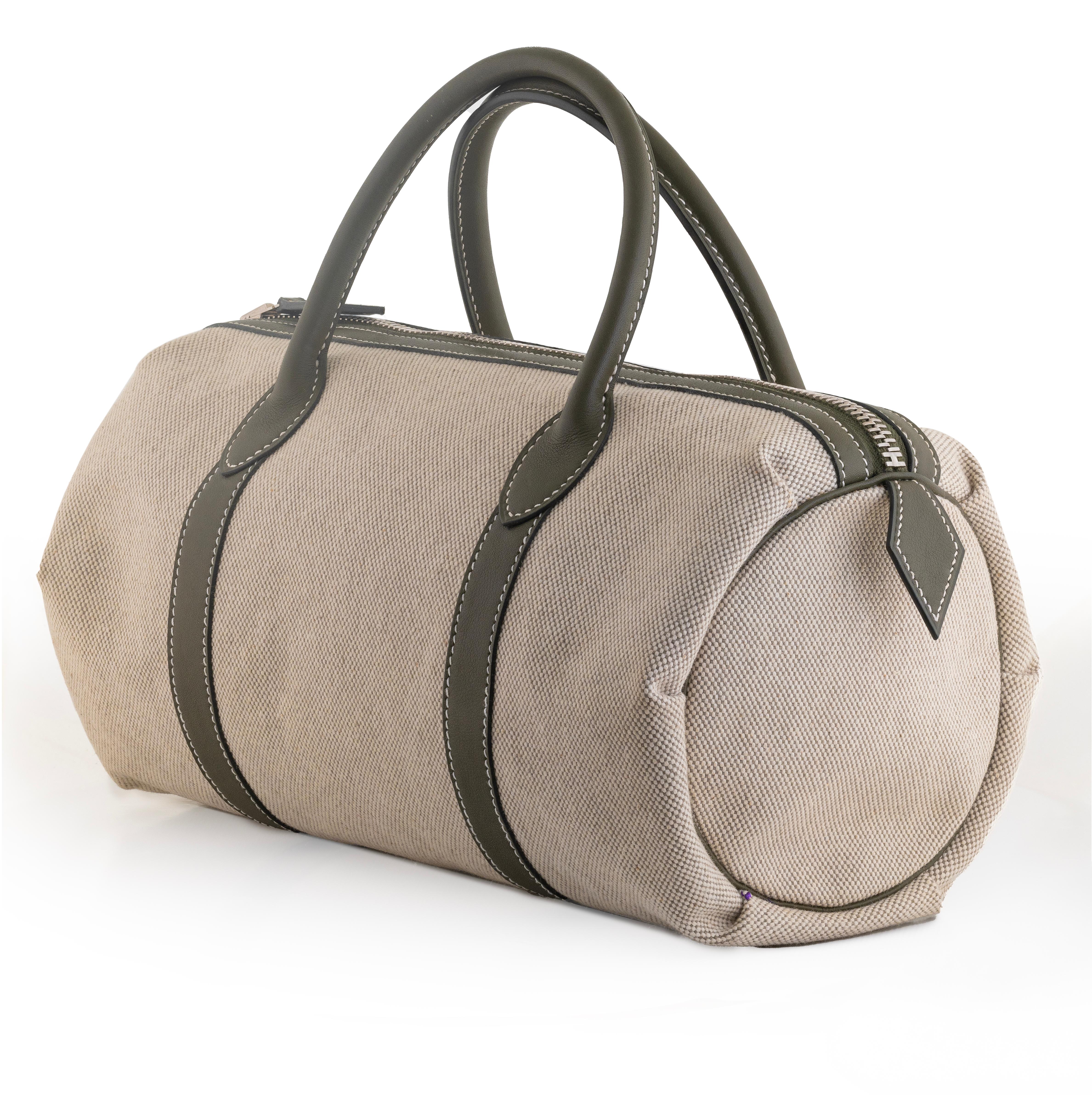Brown Auth. Hermès Bag Polochon - 30cm Canvas Natural/ Leather New For Sale
