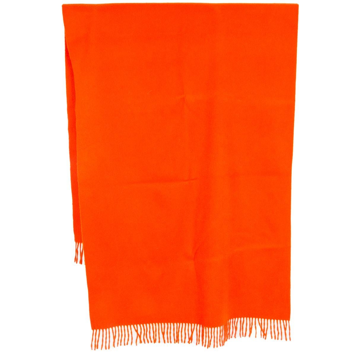 Hermès fringe shawl in pumpkin orange cashmere (100%). Has been worn once and is in excellent condition. 

Width 70cm (27.3in)
Length 180cm (70.2in)