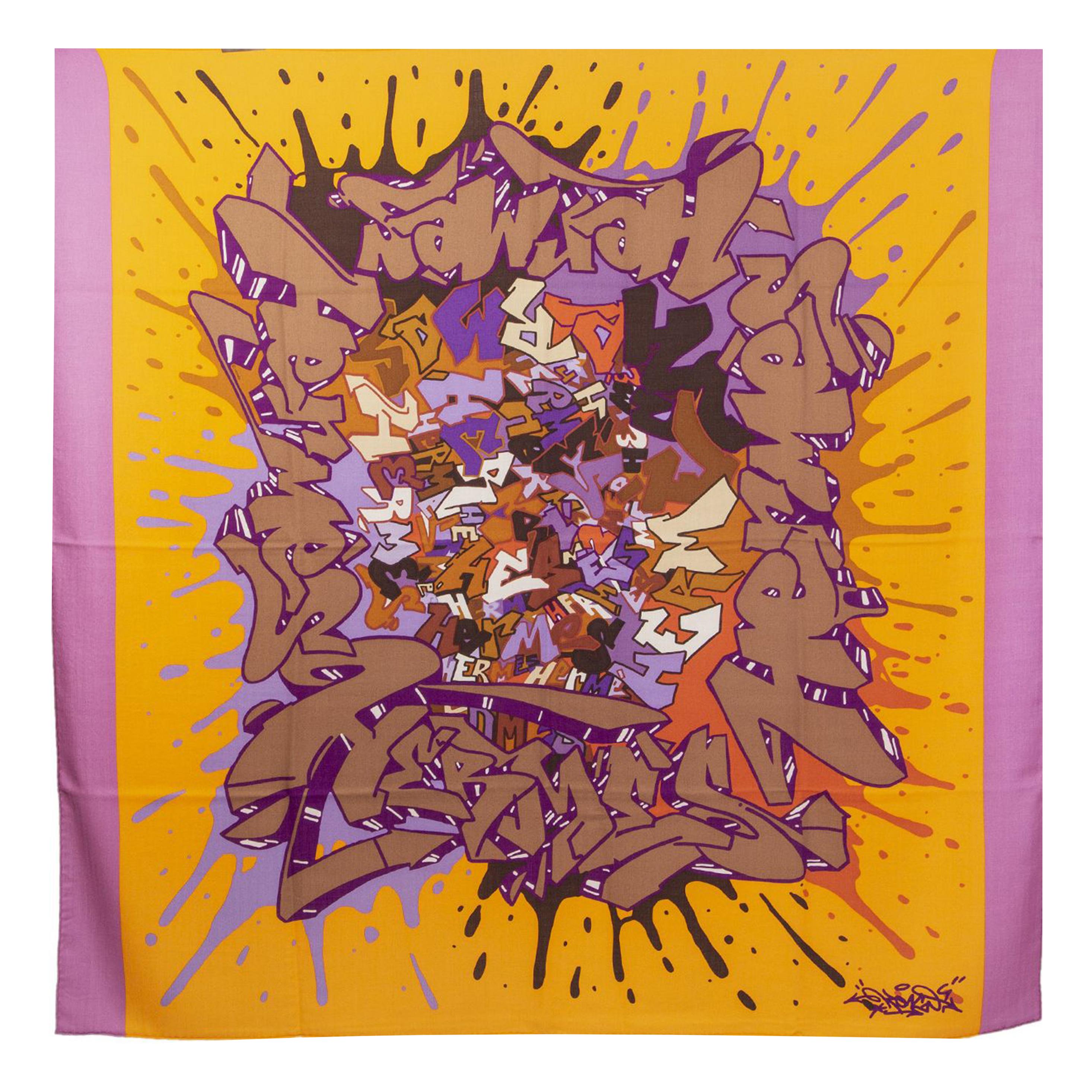 auth HERMES purple orange Graff Hermes 140 cashmere silk Shawl Scarf