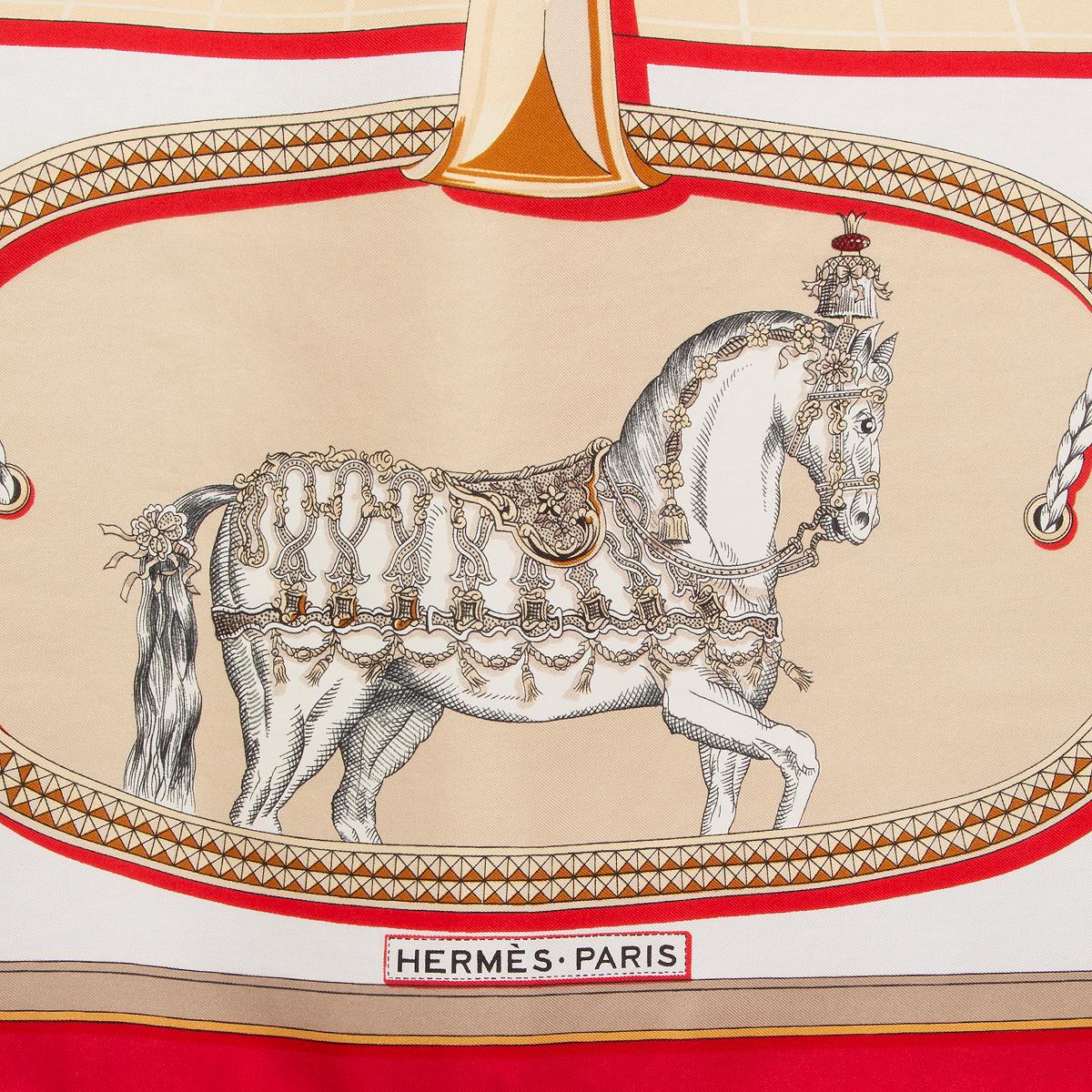 Hermes 'Grand Apparat 90' scarf by Jacques Eudel in white silk twill (100%) with red border and details in light beige and grey. Has been worn and is in excellent condition.

Width 90cm (35.1in)
Height 90cm (35.1in)