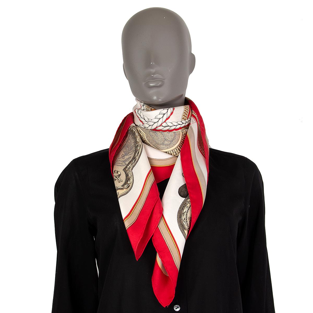 auth HERMES red beige GRAND APPARAT 90 silk twill Scarf For Sale at 1stDibs