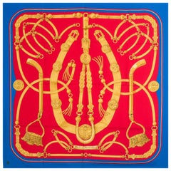 auth HERMES red blue GAUCHO 90 silk twill Scarf