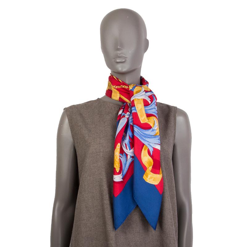 Pink auth HERMES red blue LE MORS A LA CONETABLE 90 silk twill Scarf