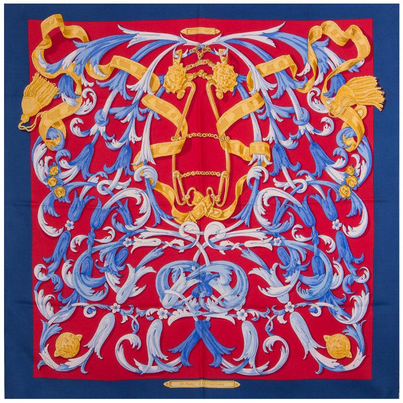 auth HERMES red blue LE MORS A LA CONETABLE 90 silk twill Scarf