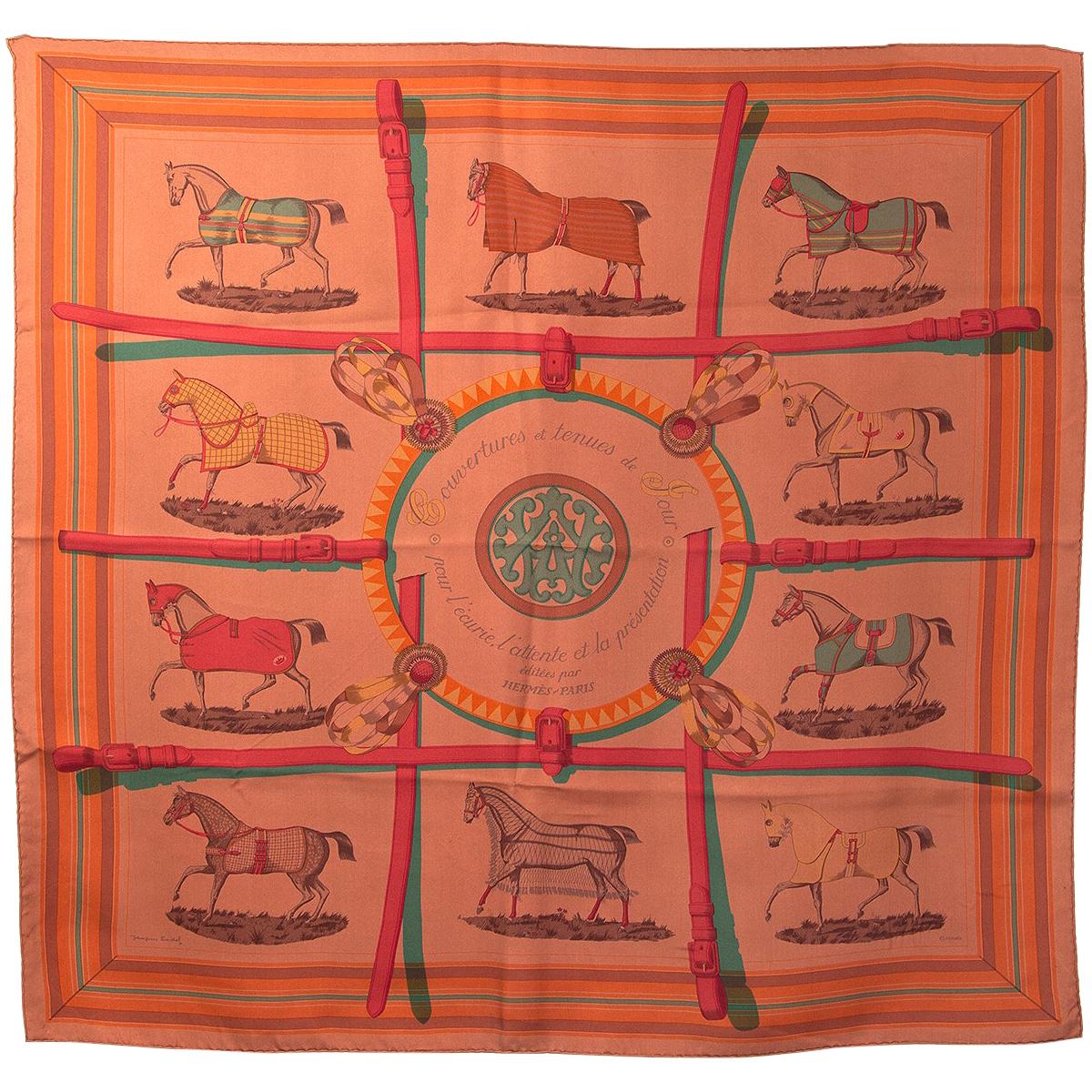 auth HERMES red COUVERTURES ET TENUES DE JOUR 90 silk twill Scarf