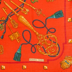 auth HERMES red LES CLES 140 cashmere silk Shawl Scarf