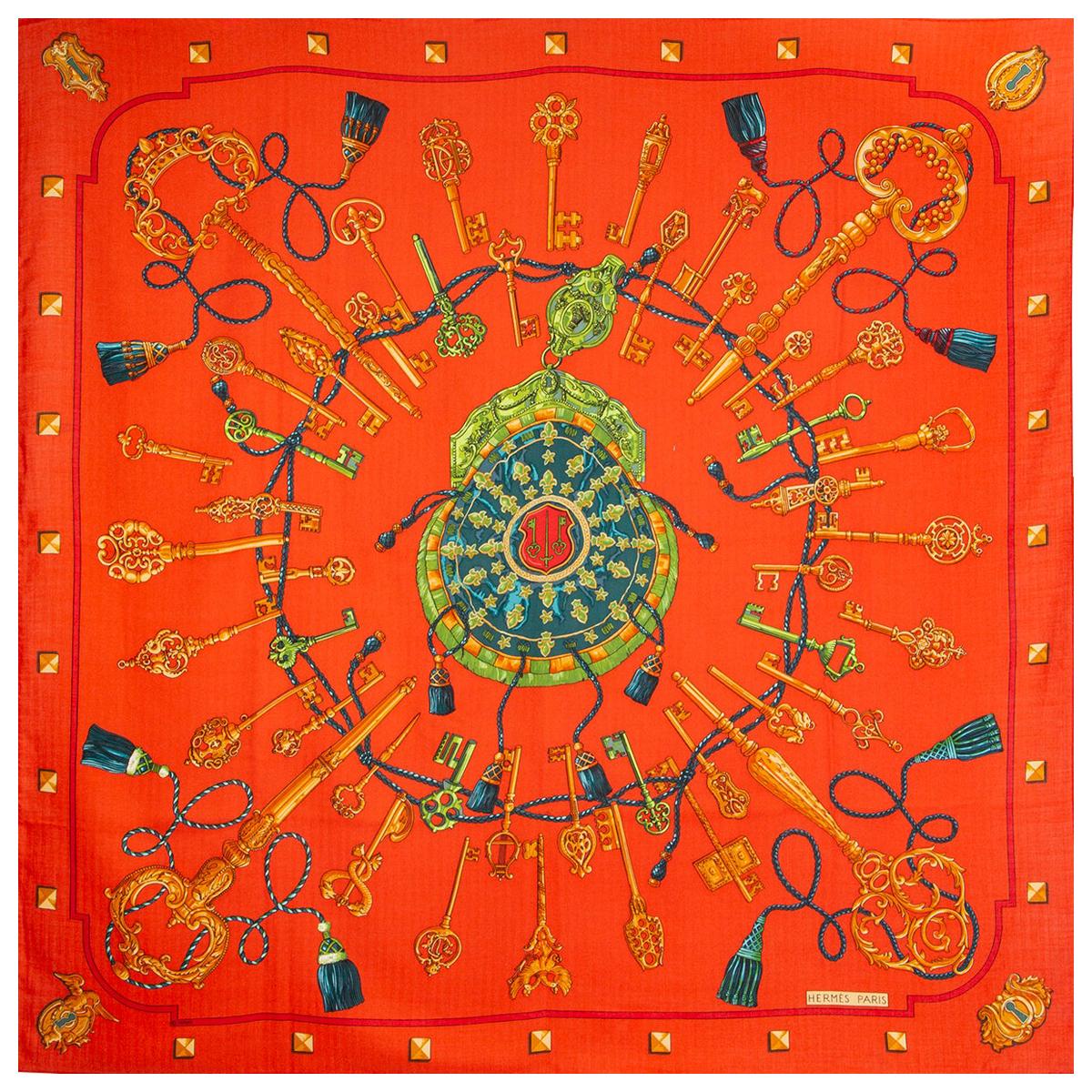 auth HERMES red LES CLES 140 cashmere silk Shawl Scarf