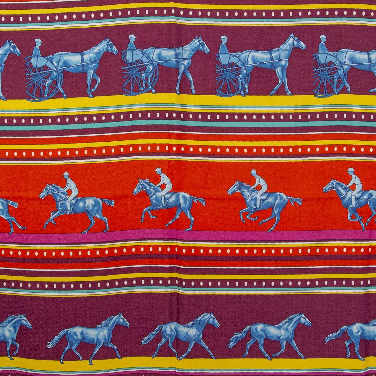 Hermes 'Sequences 140' scarf by Caty Latham in red cashmere silk twill (100%) with contrast white hem and details in burgundy, yellow and red. Brand new - please note the store tag list the wrong colorway.

Width 140cm (55in)
Height 140cm (55in)