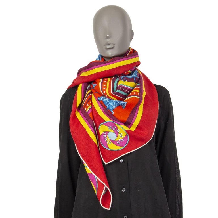 auth HERMES red SEQUENCES 140 cashmere silk Shawl Scarf For Sale at 1stDibs