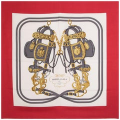 auth HERMES red white BRIDES DE GALA 90 silk twill Scarf