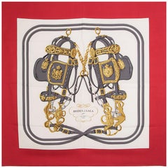 auth HERMES red white BRIDES DE GALA 90 silk twill Scarf