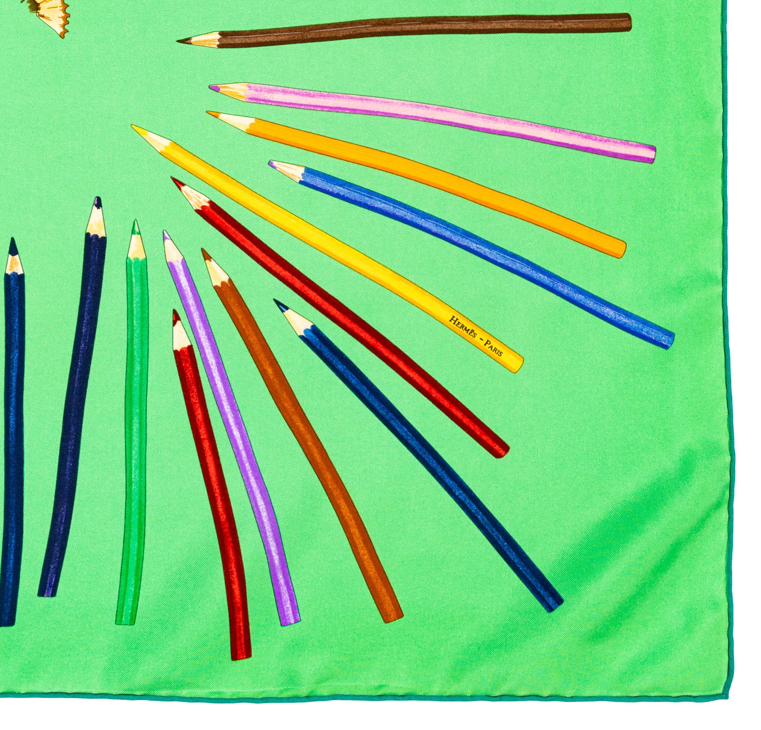Aut. Bufanda Hermes A vos Crayons - Verde - Exc. Condición Cuidado Etiqueta en venta 9