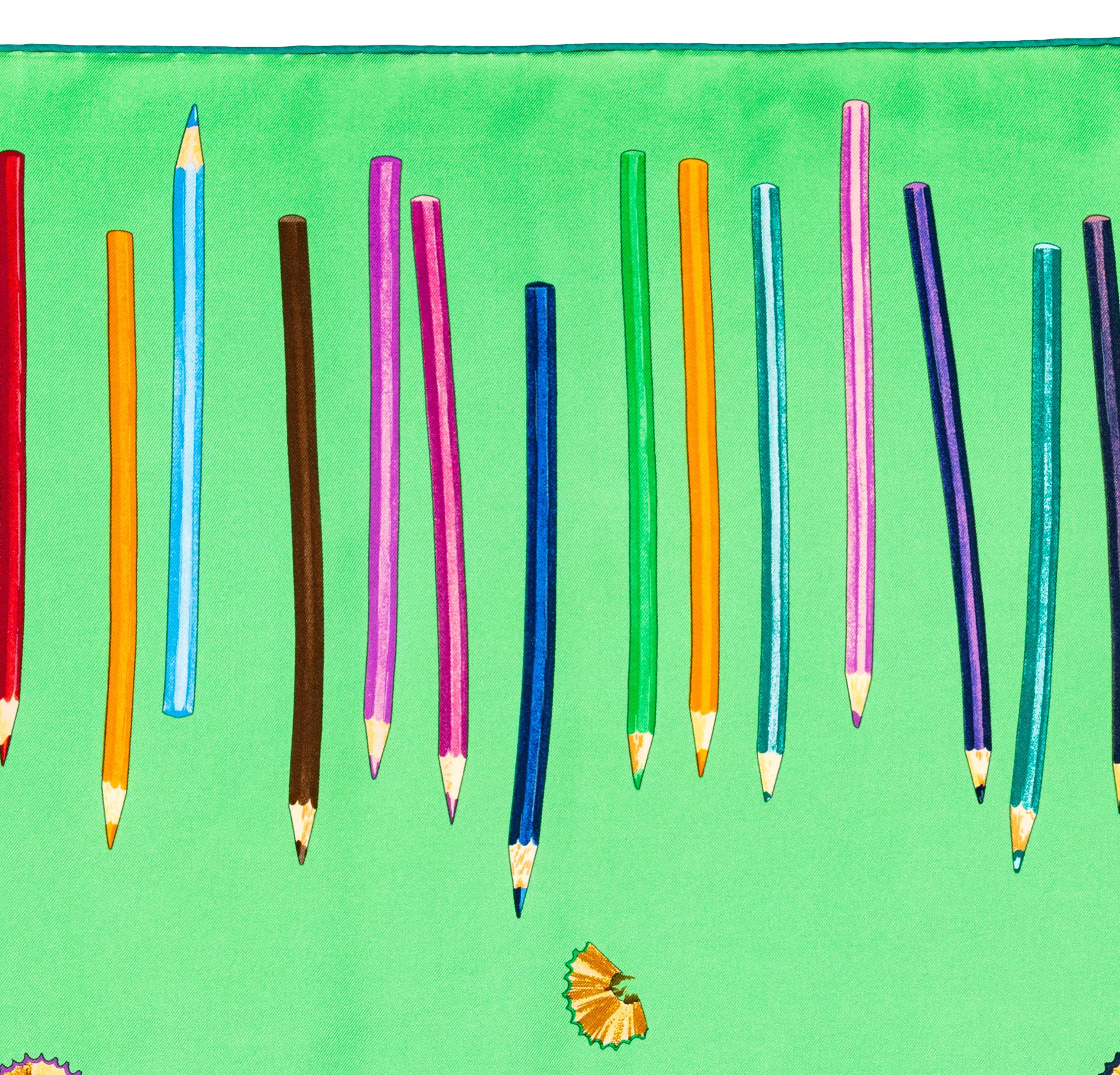 Aut. Bufanda Hermes A vos Crayons - Verde - Exc. Condición Cuidado Etiqueta en venta 2