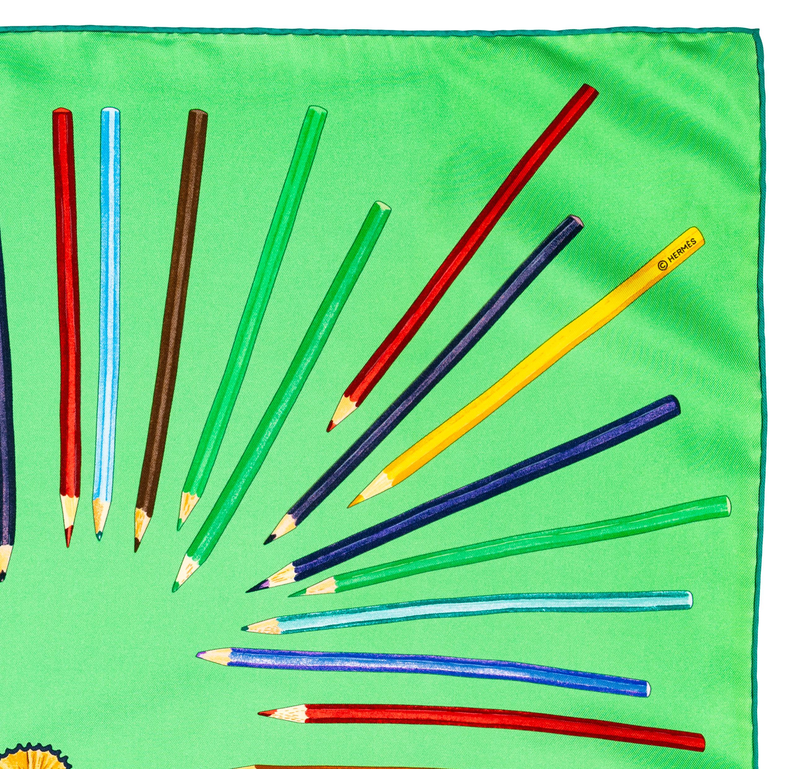 Aut. Bufanda Hermes A vos Crayons - Verde - Exc. Condición Cuidado Etiqueta en venta 3