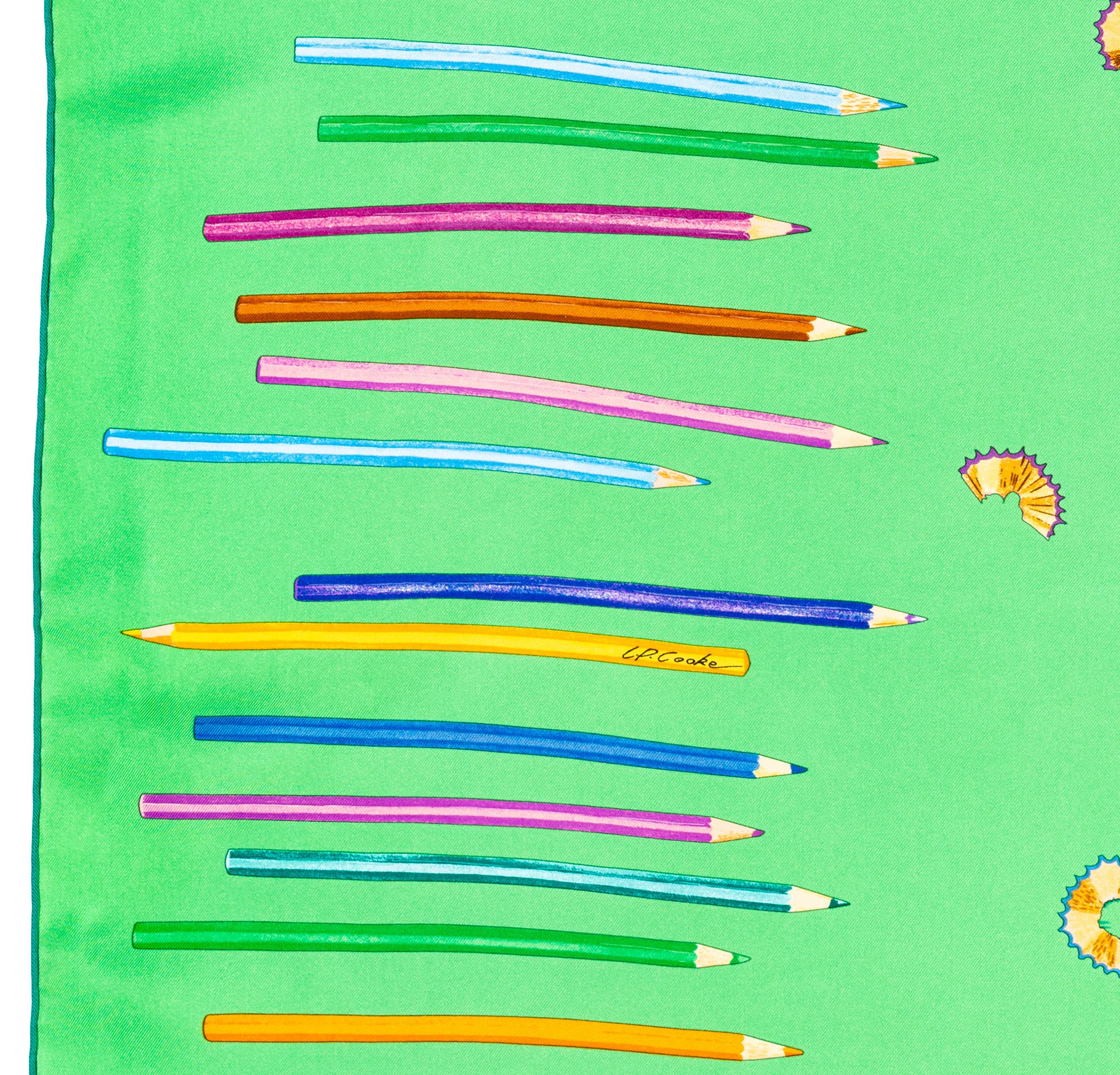 Aut. Bufanda Hermes A vos Crayons - Verde - Exc. Condición Cuidado Etiqueta en venta 4