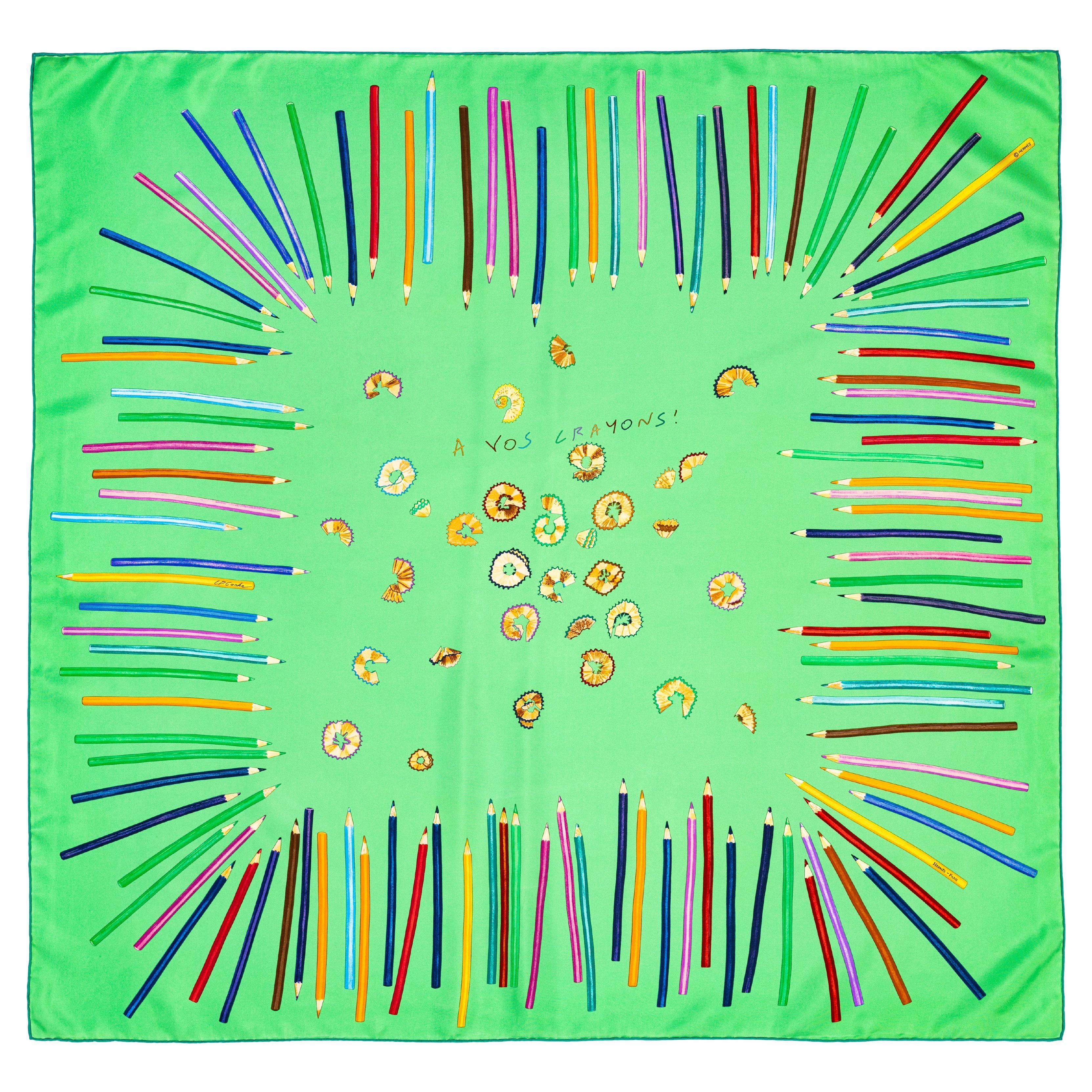 Aut. Bufanda Hermes A vos Crayons - Verde - Exc. Condición Cuidado Etiqueta