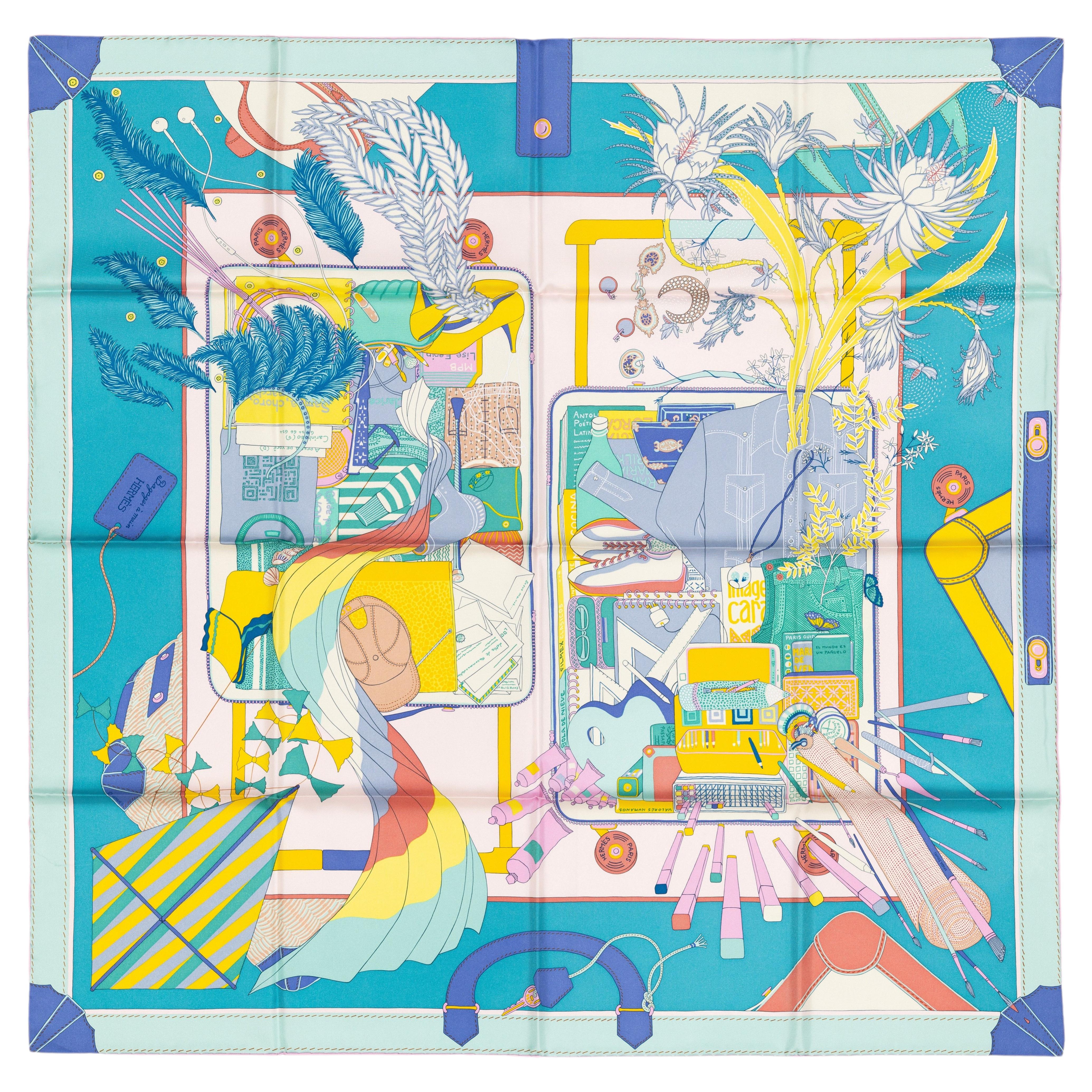 Auth. Foulard Hermes - Bagage a Main - Turquoise Rose Pal - New with Store Tag
