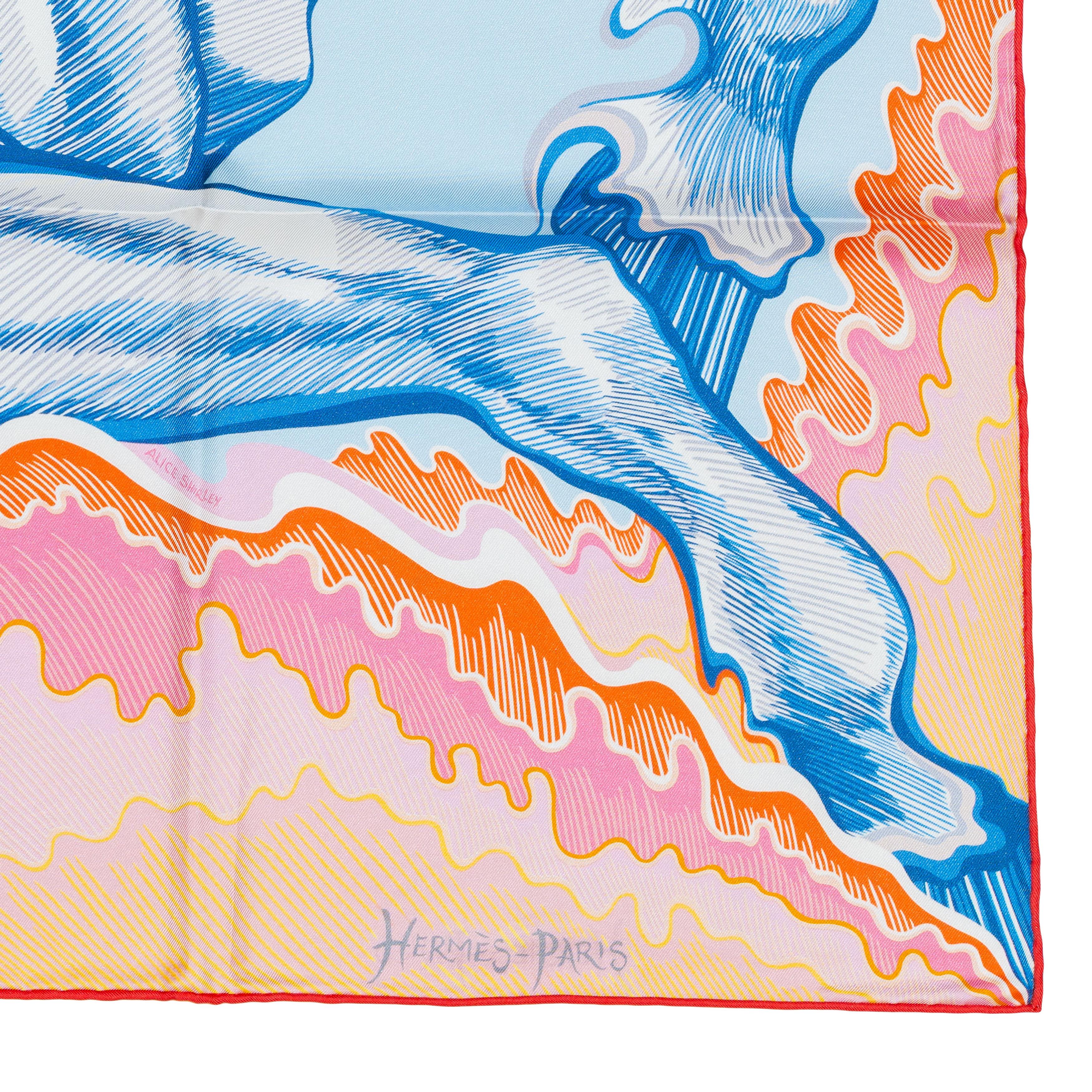 Auth. Hermès Foulard Cheval Sirène - Double Face - Bleu Ciel Rose New Store Tag en vente 6