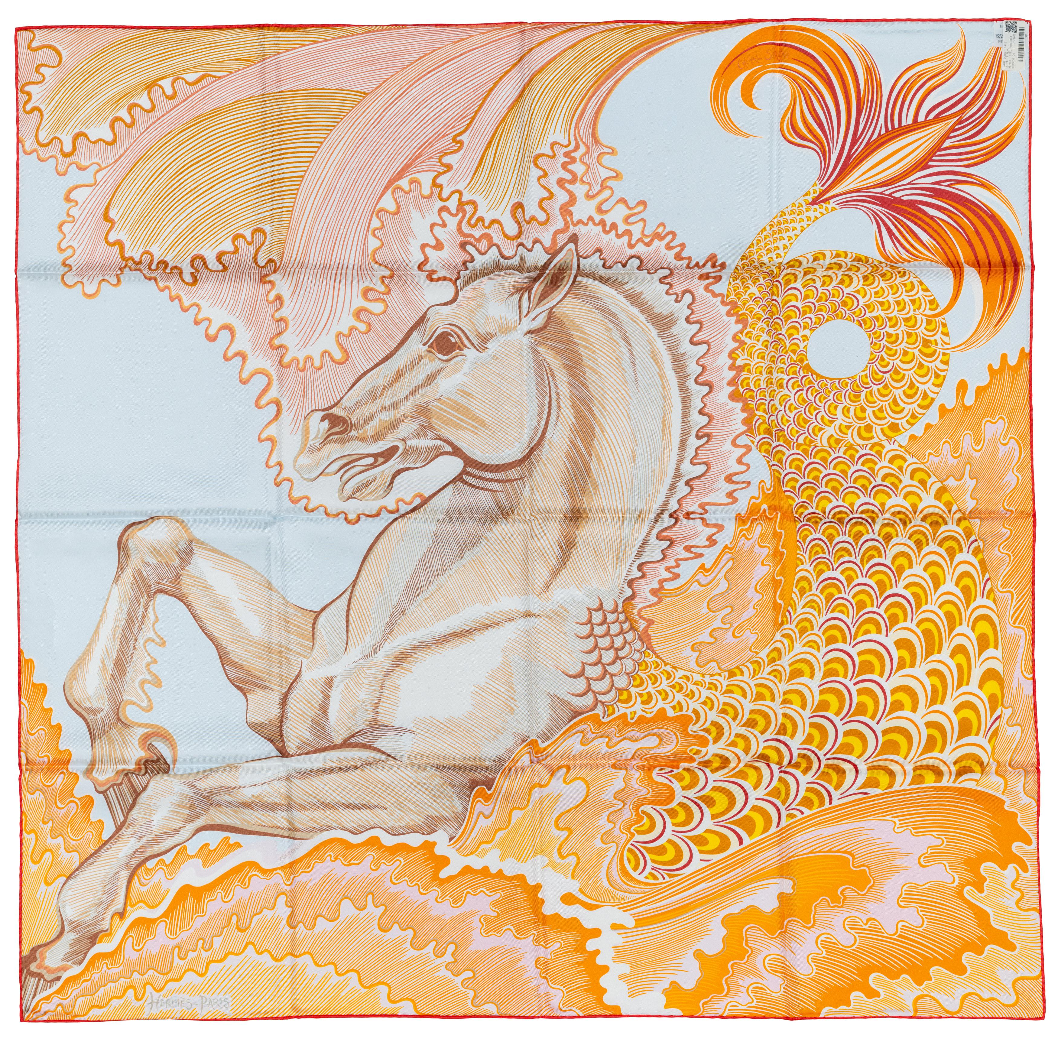 Auth. Hermès Foulard Cheval Sirène - Double Face - Bleu Ciel Rose New Store Tag en vente 11